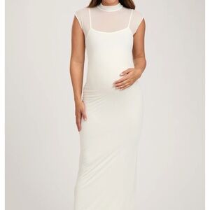 Ivory Mock Neck Sleeveless Mesh Maternity Midi Dress